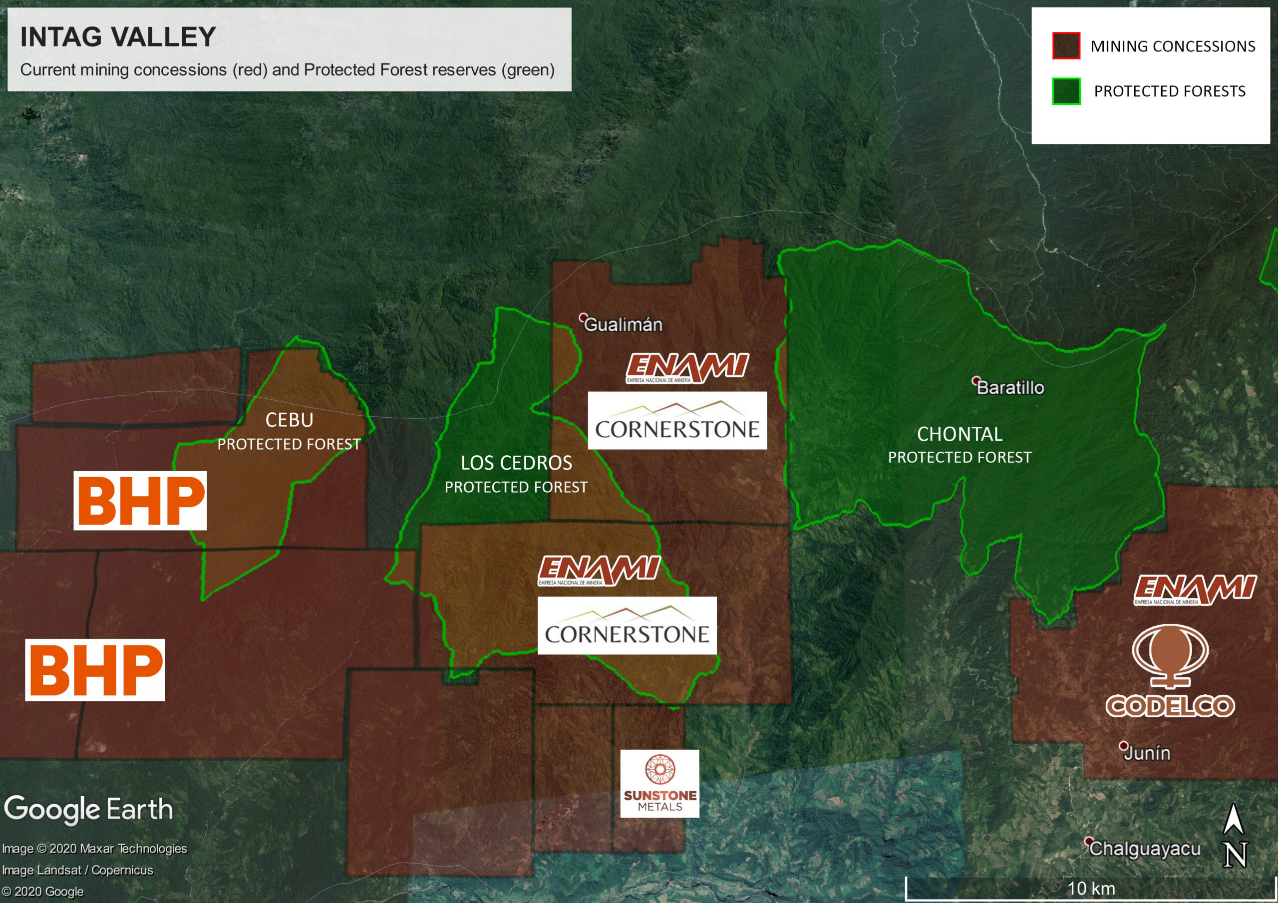 Concesiones mineras en y alrededor de la Reserva Los Cedros. Crédito de la imagen: Rainforest Action Group